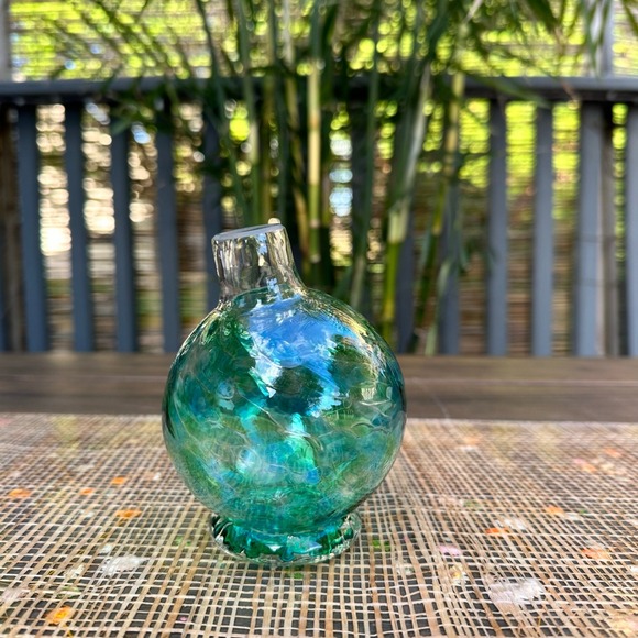 Unbranded Other - Handblown Glass Ball Flower Vase Green Blue Crackle Texture Round Bud Vase